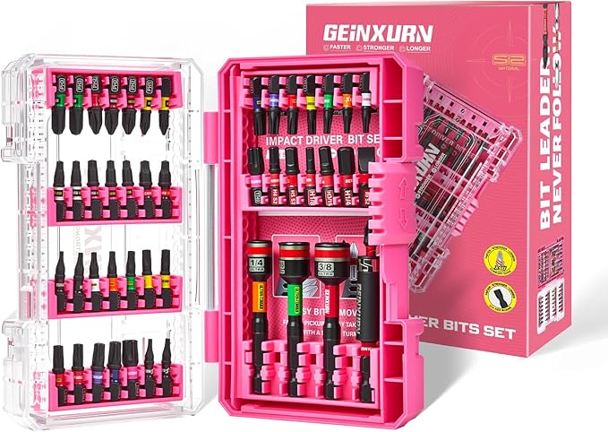 47Pieces Impact Screwdriver Bits Set, Magnetic S2 Steel 1??Phillips/Square/Torx/Slotted/Hex/Security Torx Bits Tips,Impact Bit Holder with Pink Storage Box Case