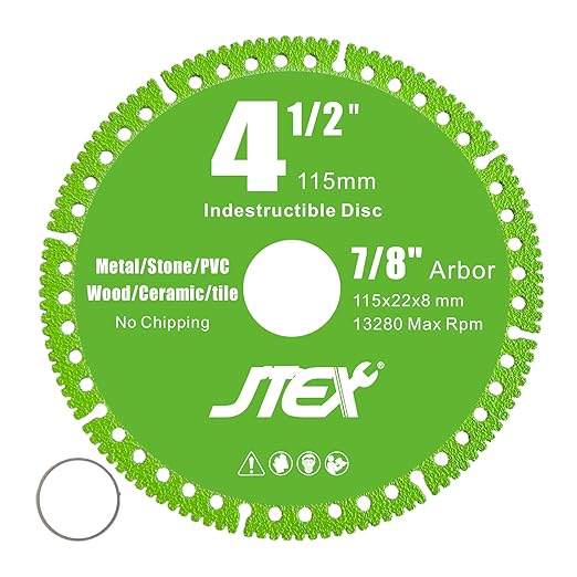 JTEX Indestructible Disc 4-1/2 Inch for Angle Grinder, 7/8" Arbor, Multi-Material Diamond Blade Cutting for Metal, Rebar, Tile, Stone, PVC Pipes (3-Pack)