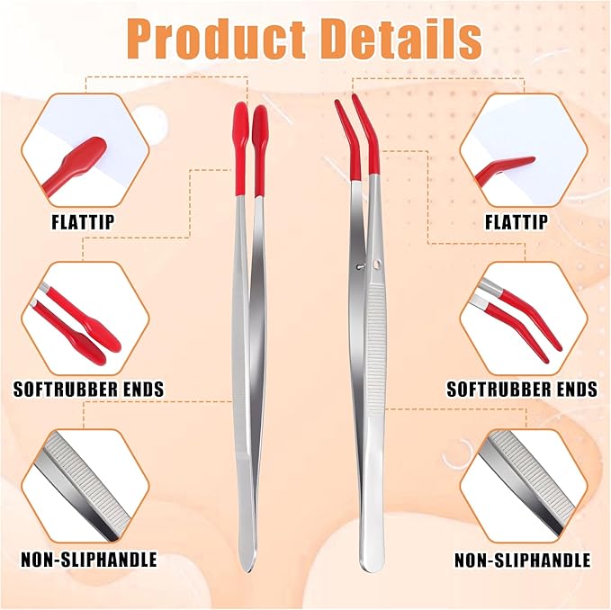 4 Pieces Tweezers with Rubber Tips PVC Rubber Coated Tweezers Rubber Long Bent Tip Tweezer and Straight Flat Tip Tweezer for Lab Stamp Hobby Jewelry Crafts Feeding (Silver, Red)