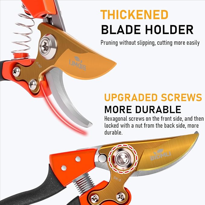 Heavy Duty Pruning Shears竊똆arden Scissors & Clippers with Red-BIDMLI 8.66" SK5 Steel Blades & Aluminum Alloy Handles, Tree Branch Cutter, Ideal for Thick Branches, Dry Twigs, Flower Pruning Tool.