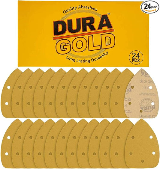Dura-Gold Premium Mouse Detail Sander Sandpaper Sanding Sheets - 80 Grit (Box of 24) - 5 Hole Pattern Hook & Loop Triangle Mouse Discs - Woodworking Wood, Furniture Crafting, Sand Automotive Paint
