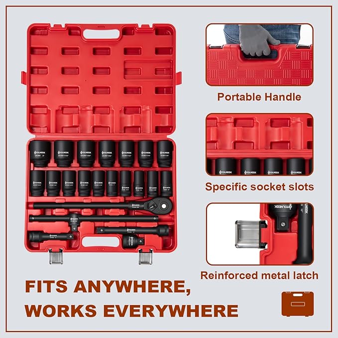 3/4" Impact Socket Set, 22PCS 6-Point SAE Sizes (3/4" to 2"), Cr-Mo Steel Set with Adapters, Quick Release Ratchet Wrench, Andextension Rod & Durable Storage Case