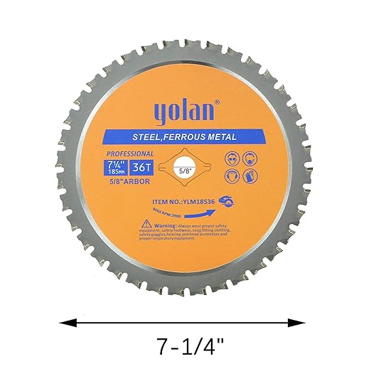 Yolan 7 1/4” Metal Cutting Circular Saw Blade, 7-1/4-Inch 180 Blade,36-Tooth,Carbide Tipped, 5/8-Inch Arbor, Diamond Knockout Arbor for TCT Miter Saw Blade, Cutting Ferrous Metal & Steel