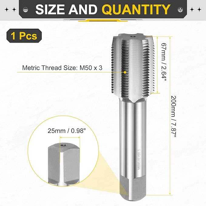 uxcell Hand Plug Tap M50 x 3 H2 Metric Thread Plug Style Taps Straight Flute Screw Tapping Threading Tool High Speed Steel HSS6542