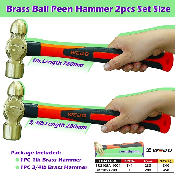 WEDO 2PCS Brass Ball Peen Hammer Set,3/4lb+1lb,Fiberglass Handle,Die-Forged,Corrosion Resistant,DIN Standard