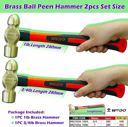 WEDO 2PCS Brass Ball Peen Hammer Set,3/4lb+1lb,Fiberglass Handle,Die-Forged,Corrosion Resistant,DIN Standard