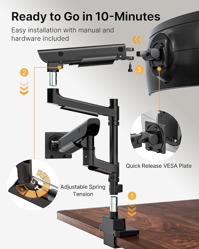 monTEK Sleek Aluminum Monitor Arm for 17??7??Ultrawide Screens up to 59.4 lbs, USB 3.0 A/C, Heavy Duty Dual Monitor Arm Desk Mount, Pneumatic Lift, Quick-Release Plate, Clamp/Grommet, Max VESA 100x100