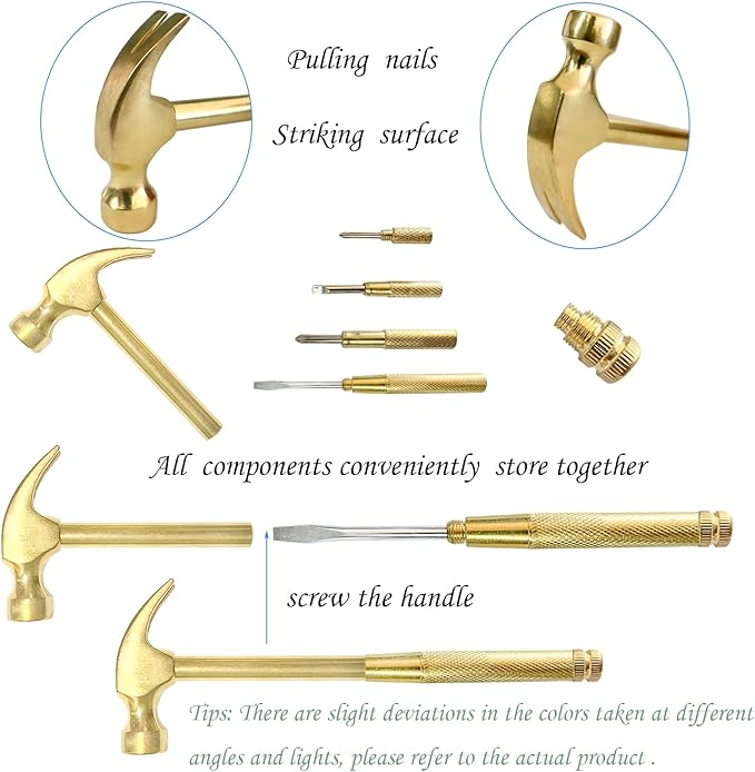 Small Metal Hammer & Screwdriver, 6 in 1 Multitool Hammer Set Screwdriver Tools (Gold)