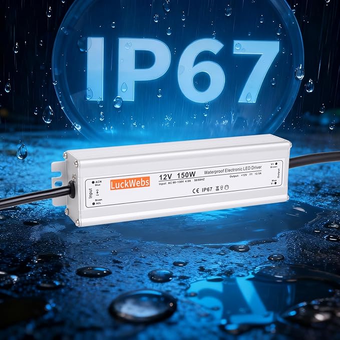 LED Driver 12V150W Waterproof Switching Power Supply AC90-130V to DC 12V12.5A Low-Voltage Transformer IP67 Converter Suitable for Indoor Outdoor LED Strip Lights and 12V DC Devices