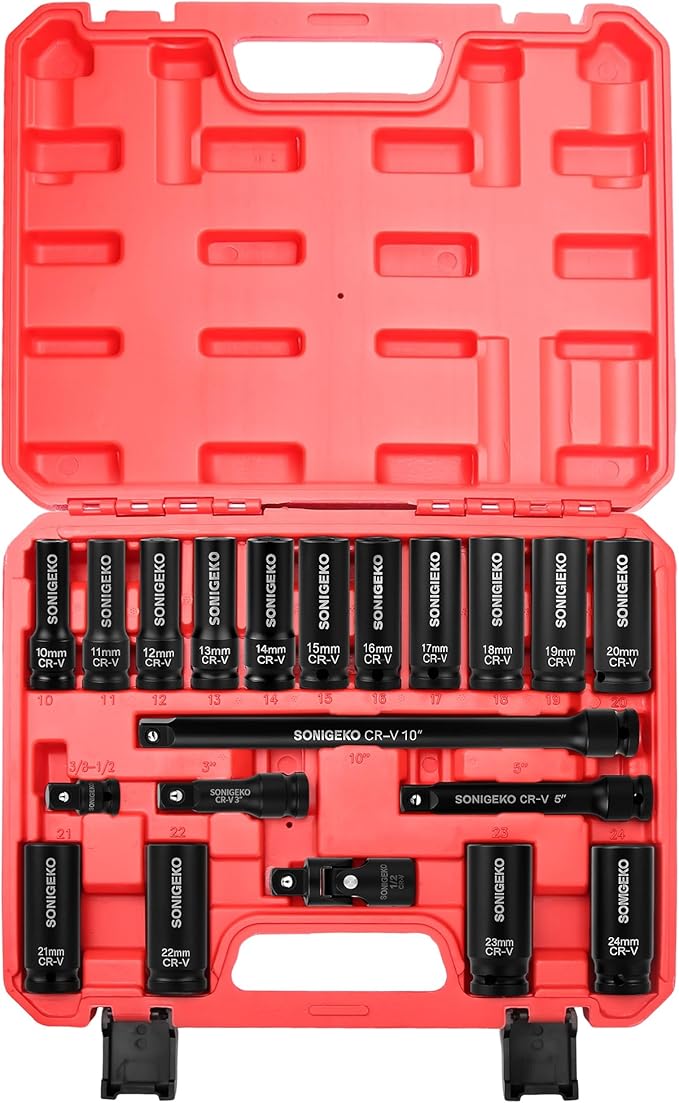 Socket Set 1/2" Drive Impact Socket Set,20-Piece 6 Point Deep, Metric CR-V Steel Sockets with Extension Bars, Universal Joint and Adapter(1/2" 20 PCS Metric)