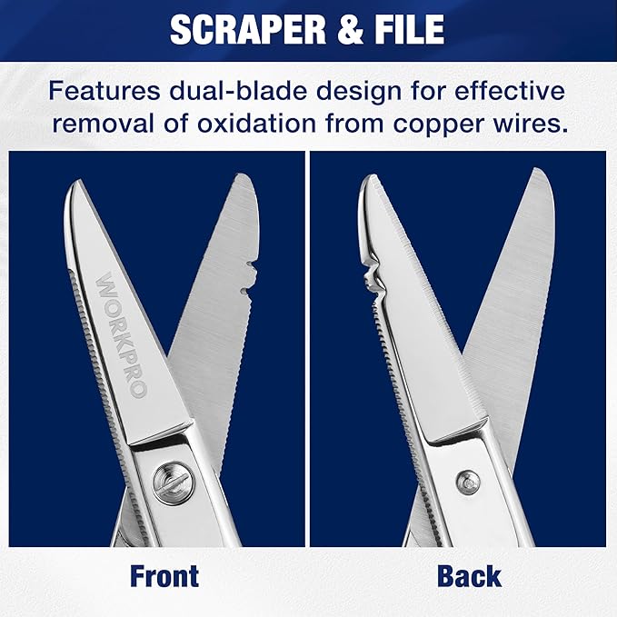 WORKPRO Electrician Scissors, 5-1/5 Inch Heavy Duty Scissors, Nickel-Plated Stainless Steel Snips with 19&23 Stripping Notches for Telecom and Electrical Work
