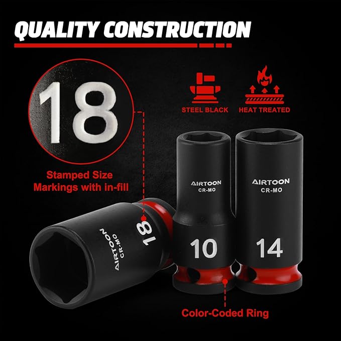 AIRTOON 3/8 in. Drive Semi-Deep Impact Sockets Set, Mid-Length Socket Set, Metric, 8 to 22 mm, 14-Piece, CR-MO, Stamped and Ink Filled Size Marking