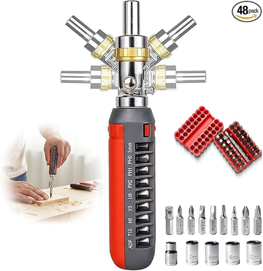 Magnetic Ratcheting Screwdriver Set, 180 Degree Adjustable screwdriver,Holding Up To 47 Bits with Phillips Slotted Hex Torx Bits, 48-Tooth Ratcheting Screwdriver for Small Spaces