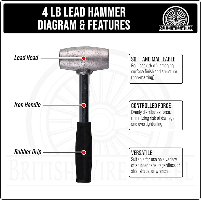 4lb Lead Hammer with 8-sided Hex Wrench Set - Dead Blow Lead Hammer + Hex Wrench are Essential Tools for Lowriders and Cars with Hex Knock-Off Spinner Cap Fitted Wire Wheels