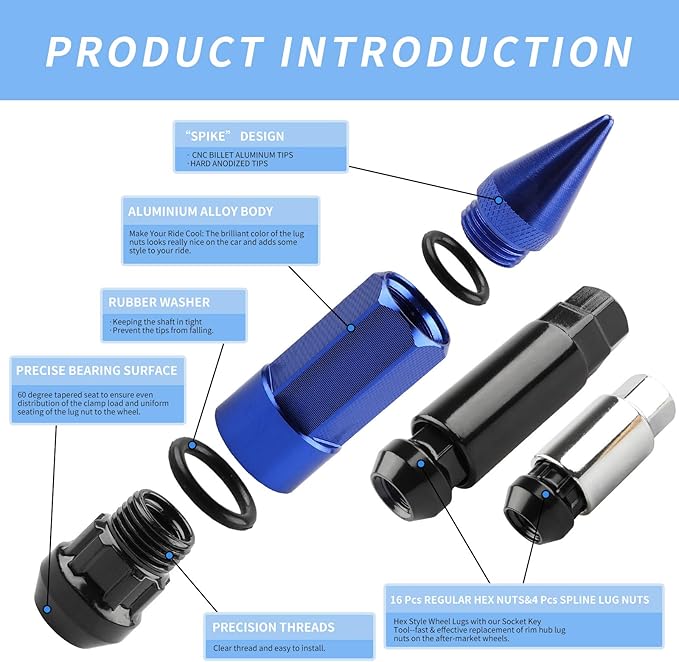 20Pcs Anti Theft Spikes Extended Tuner Wheel/Rims Lug Nuts with Wheel Locks M12X1.5+Socket (Blue)