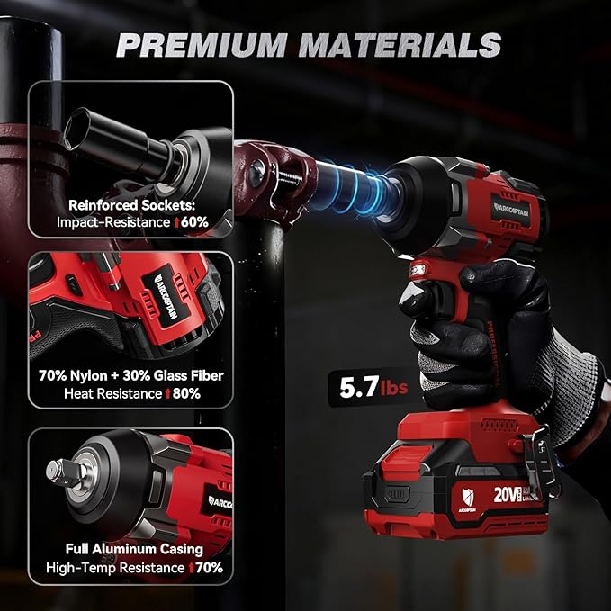 ARCCAPTAIN Cordless Impact Wrench, 1000Ft-lbs (1350N.m) 1/2" High Torque Impact Gun, 15C High-Rate 2x4.0Ah Batteries, 20V Power Impact Driver, Supports Up to 40mm Socket for Heavy Truck/Car/Pickup