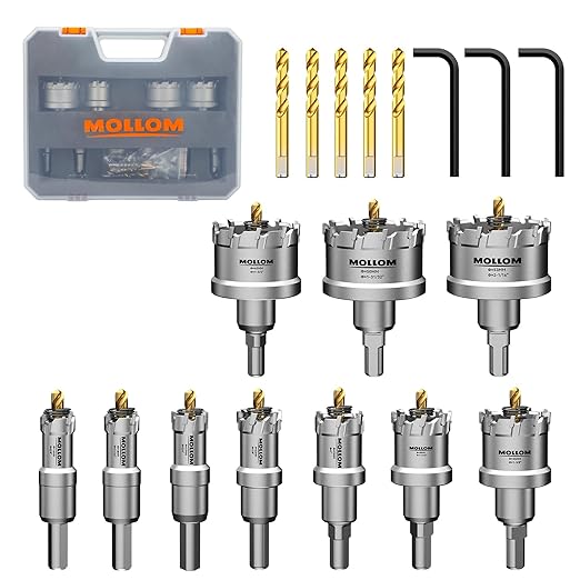 Mollom 10Pcs (16-53mm) TCT Carbide Hole Saw Kit for Hard Metal, 10Pcs Hole Cutters with 5Pcs Extra Pilot Drill bits and 3Pcs Hex Keys for Stainless Steel, Iron,Aluminum,Alloy,Metal.