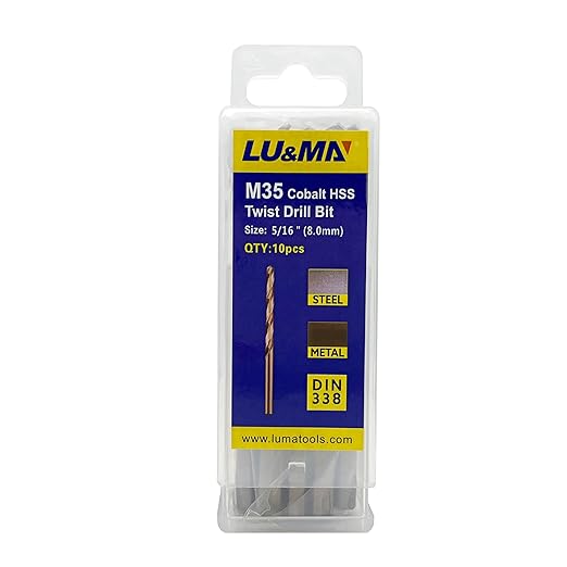 5/16" M35 Cobalt HSS Jobber Length Twist Drill Bit with Straight Shank,Heavy Duty, Pack of 10 PCS, Drilling for Cast Iron, Heat-Treated Steel, Stainless Steel and Other Hard Materials by LU&MN
