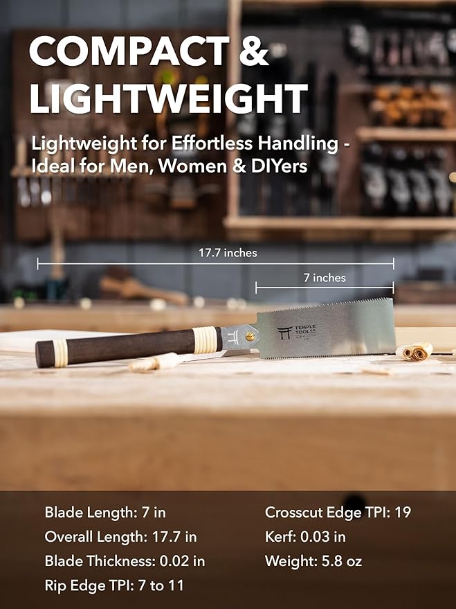 Japanese Pull Saw - 7 Ryoba Hand Saw with Rip-cut and Crosscut - for Dovetails, Tenons, Joinery, Cutting Boards to Length & Width- Temple Tool Co.