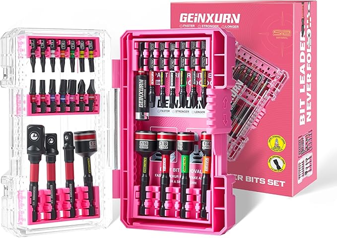 29Pieces Impact Screwdriver Bits Set, Magnetic S2 Steel 1??2??Phillips/Square/Torx/Slotted Bits Tips,Impact Bit Holder and Nut Driver and Socket Adapter Set with Pink Storage Box Case