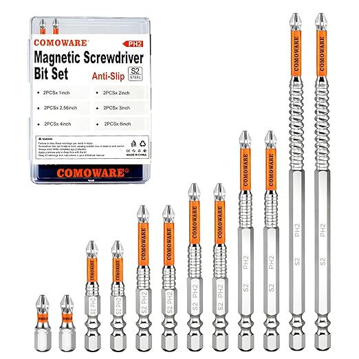COMOWARE High Magnetic Screwdriver Drill Bit Set, 12PCS, #2 Anti-Slip Long Phillips Bits, S2 Steel, Chrome Plated for Rust Resistance, 1??" Magnetic Impact Bits for Power Drill