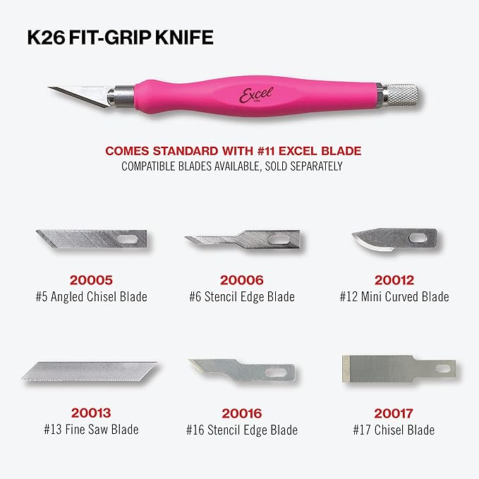 Excel Blades Fit Grip Craft Knife With #11 Ultra-Sharp Carbon Steel Angled Blade ??Precision Hobby Knife with Contoured Rubberized Grip for DIY, Art Crafts, and Model Projects ??Pink, Made in the USA