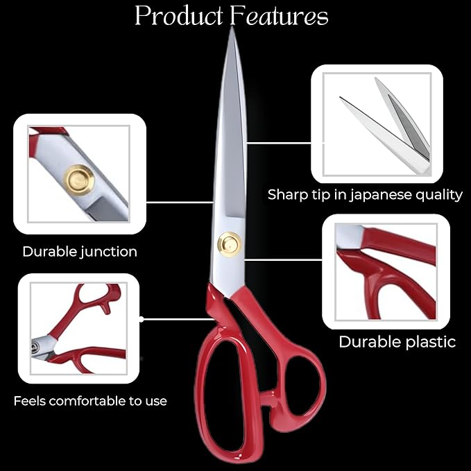 Professional Fabric Scissors 10'' - Heavy Duty Sewing Shears with High Carbon Steel Blades for Precise Cutting, Tailoring,Crafts, Industrial Strength Use, Sharp Precision Dressmaking Tools