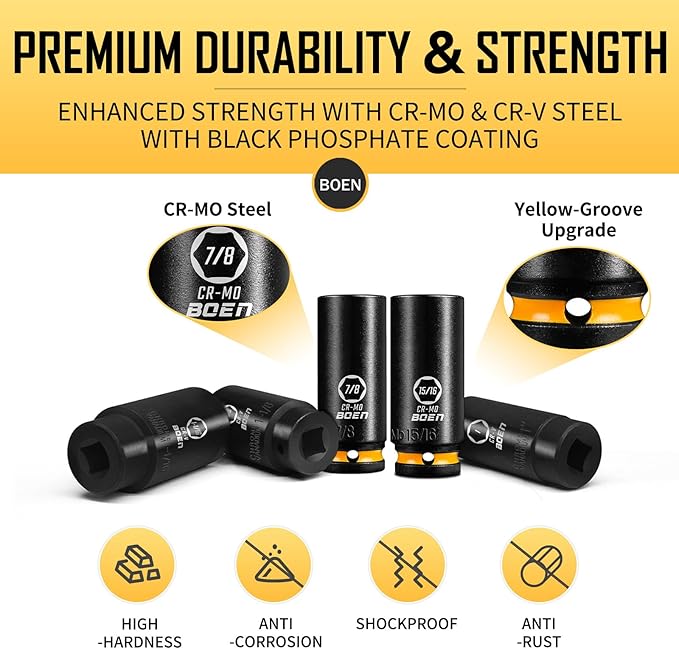 BOEN Pro 20-Piece 1/2" Drive Deep Impact SAE Socket Set, 3/8"-1-1/4", CR-MO & CR-V Steel, Upgraded Torque & Durability, Includes Extensions, Joint, Adapter ??Meets ANSI