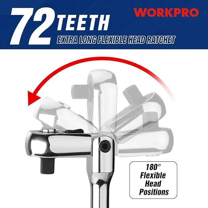 WORKPRO 3/8" Drive Extra Long Flex Head Ratchet, 18 Inch Reach Quick Release CR-V Steel Ratchet Handle, CR-MO Head, Reversible Design, 72-Tooth