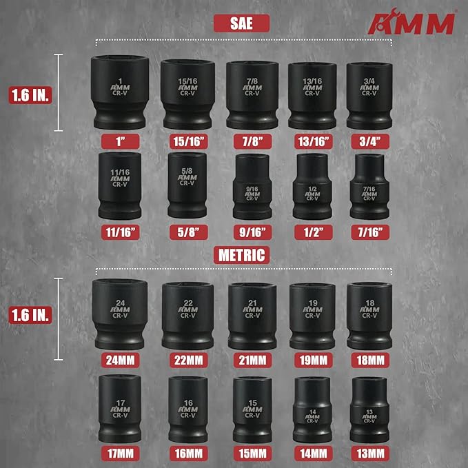 AMM 1/2" Drive Master Impact Socket Set, 24-Piece Shallow Standard SAE (7/16-Inch to 1-Inch) & Metric (13-24 mm) Sizes, Socket Assortment with Ratchet Handle竊똂r-V Steel