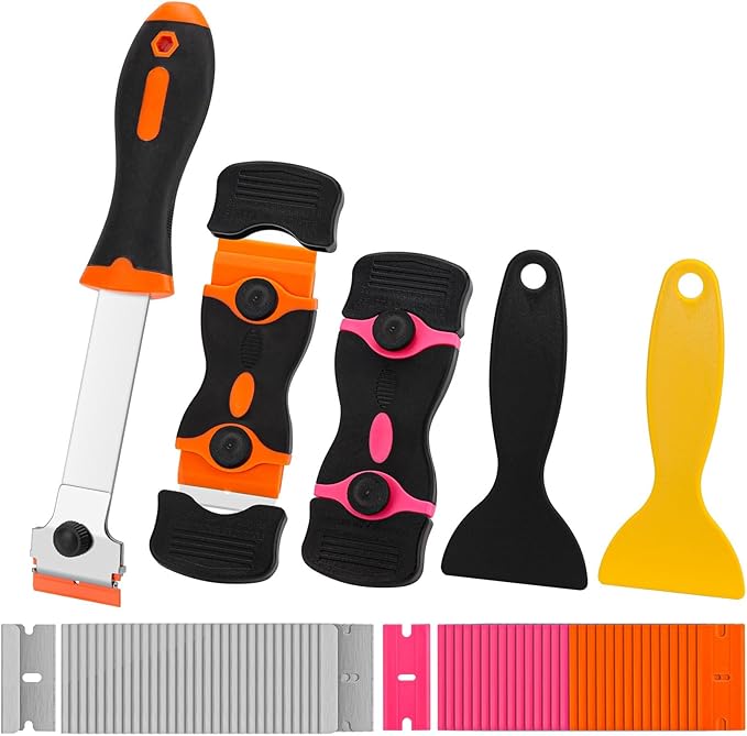2 Pcs 2-in-1 Razor Blade Scraper Tool with 30Pcs Plastic Blades, 30Pcs Metal Blades and 2Pcs Plastic Cleaning Scrapers for Decals, Stickers, Labels, Caulk, Adhesive, Paint Removal