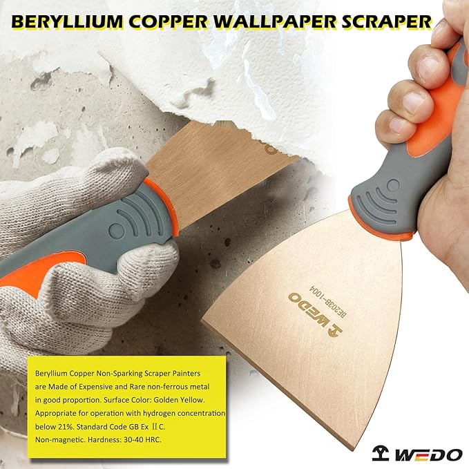 WEDO Non-Sparking Putty Knife with Straight Blade and Comfortable Handle,Spark-free Safety Putty Knife,Durable,Beryllium Copper,Non-Magnetic,DIN Standard,BAM & FM Certificate,75 * 203mm