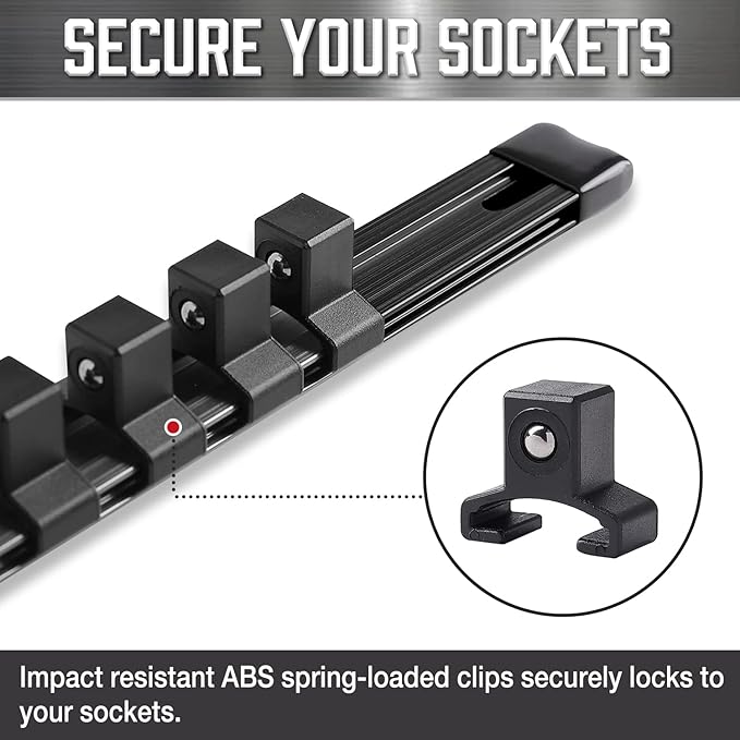 ALOANES 3-Piece 1/2-Inch Drive Aluminum Alloy Socket Organizer, Heavy Duty Socket Racks, Socket Holder Kit for Toolbox Drawer Fit 1/2-Inch x 48 Clips (Black)