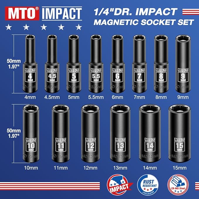 MTO 14-Piece 1/4" Drive Magnetic Deep Impact Socket Set, Metric Size (4mm-15mm) 6 Point Sockets