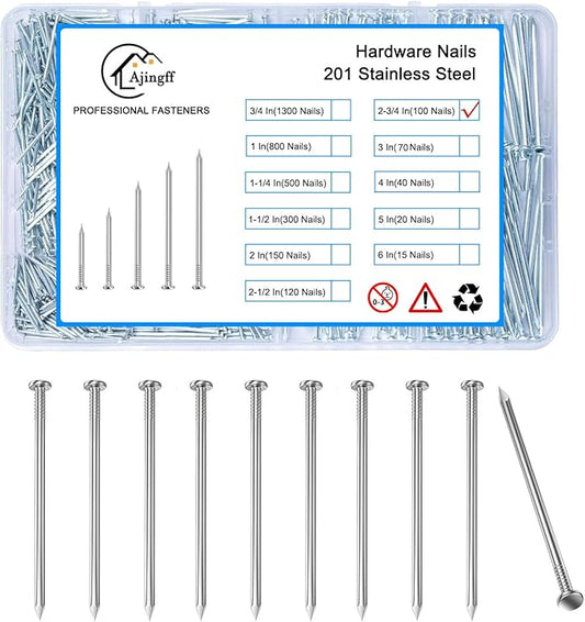100PCS Galvanized Steel Hardware Nails Storage Box, 2-3/4Inch Flat Head Nails for Hanging Pictures and Woodworking, Picture Hanging Nails, Long Nails, Wall Nails, Wood Nails, Finishing Nails