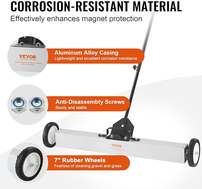 VEVOR 55Lbs Rolling Magnetic Sweeper with Wheels, 36-inch Large Magnet Pickup Lawn Sweeper with Telescoping Handle, Push-Type Magnetic Pick Up Sweeper, Easy Cleanup of Workshop Yard Garage