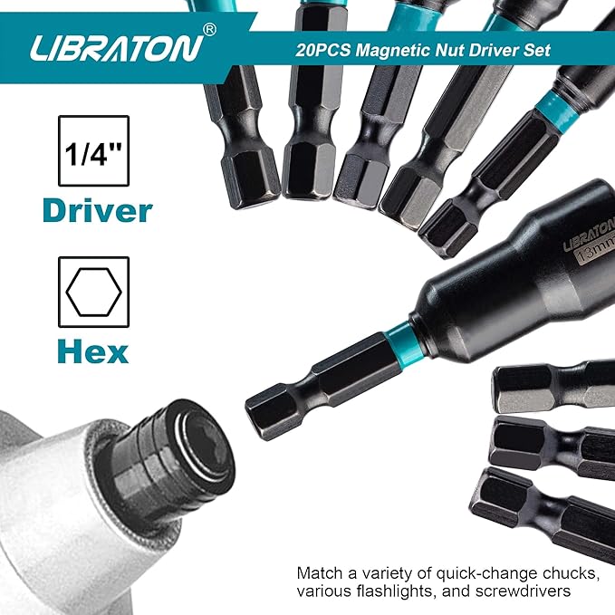 Libraton 20PCS Magnetic Nut Driver Set, Impact Drill Driver Bit Set 1/4", Metric and SAE Nut Driver, with Storage Bag, 5-13mm and 3/16''-1/2'' Nut Drivers