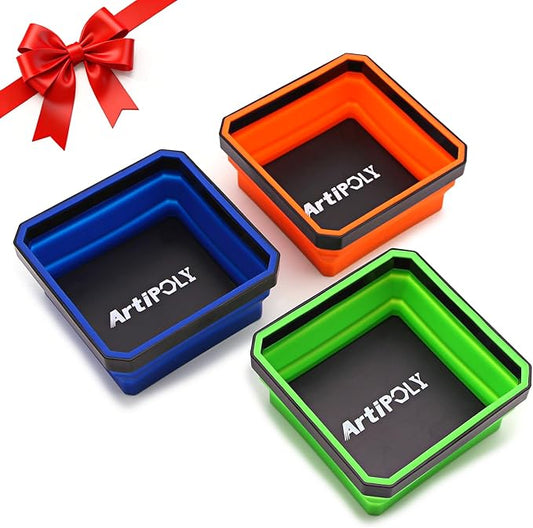 Collapsible Magnetic Parts Tray Set, 3 Pack Foldable Silicone Magnetic Tool Trays for Bolts, Screws, Nuts and Other Small Metal Parts, 4.5 Inch Square Silicone Bowls