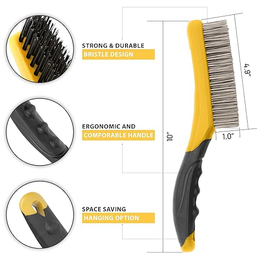 Wire Brush Set-Heavy Duty Stainless & Carbon Steel Bristles with Plastic Handle Grip for Rust, Wielding Slag, Dirt & Paint Scrubbing with Deep Cleaning ??10 Inches (Pack of 2-Yellow)