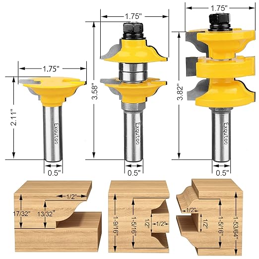 Exqutoo 1/2 Inch Shank 3 Piece Router Extension Tenon Drill Bit Set for Entry Door Rails and Door Frame Wood Milling Cutter Door