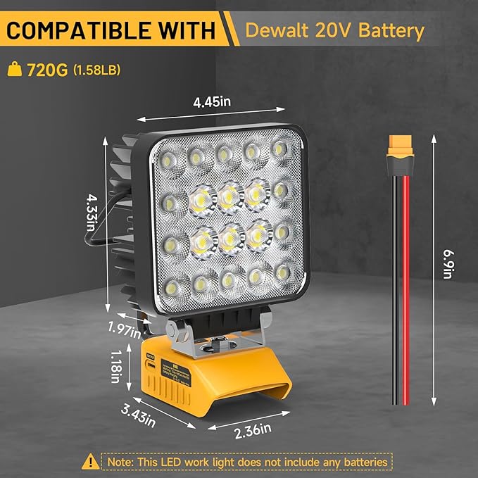 New Upgrade LED Work Light Compatible with Dewalt 20V Battery, 60W 6000LM Flashlight, 20V Battery Cordless Work Light with Low Voltage Protection & Dual USB & Type-C Charging Port (60W)