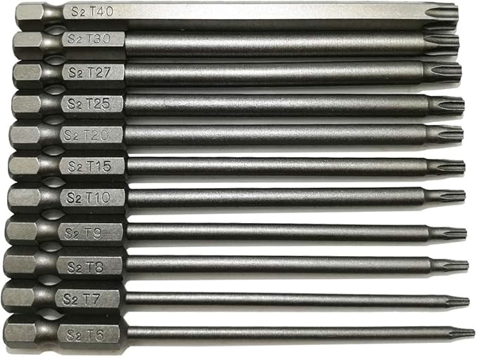 Long Torx Security Head Screwdriver Drill Set 1/4 Inch Hex Shank T6 T7 T8 T9 T10 T15 T20 T25 T27 T30 T40 11 Pieces 4 Inch Length S2 Steel Torx Screwdriver Bit Set (11pcs Torx Head 100mm)