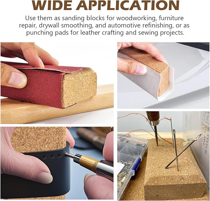 SCOTTCHEN Cork Sanding Block, Cork Punching Pad,Cork Sewing Block, 4-1/4" x 2-3/8" x 1-3/16", Hand Sanding Tool for Woodworking, Furniture Repair, Leather Craft - 3 Pack