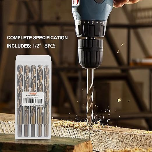 Luckyway 1/2" Cobalt Drill Bit (5 Pcs), Jobber Length Twist Drill Bit Set for Hard Metal, Stainless Steel, Cast Iron, Wood and Plastic, with Storage Case