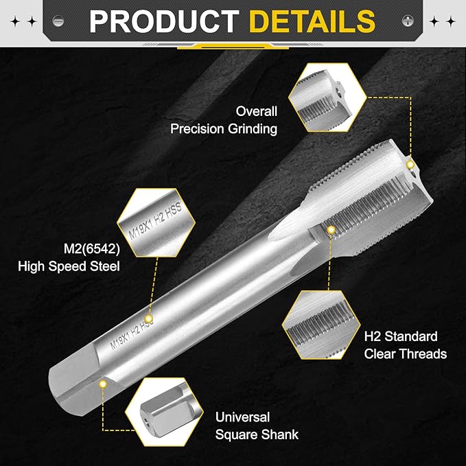 uxcell Hand Plug Tap M19 x 1 H2 Metric Thread Plug Style Taps Straight Flute Screw Tapping Threading Tool High Speed Steel HSS6542