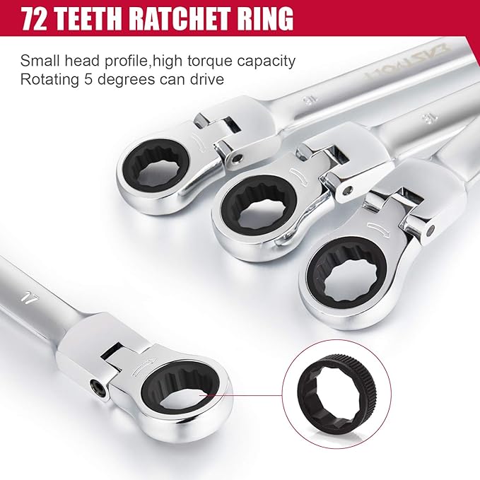 Eastvolt 12-Piece Flex-Head Ratcheting Wrench Set, Metric 8mm-19mm, Combination Ended Spanner kits, Chrome Vanadium Steel with Toolbox, EVHT1201