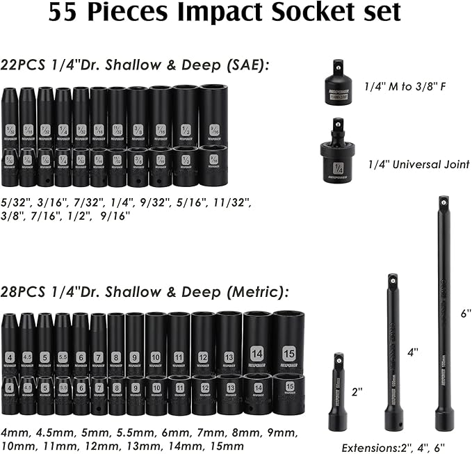 MIXPOWER 55 Pieces 1/4" Dr. Impact Socket Set, CR-V, 6 Point, SAE/Metric, 5/32 Inch - 9/16 Inch, 4mm - 15mm, Shallow/Deep, Including Adapter, Extension, Universal Joint