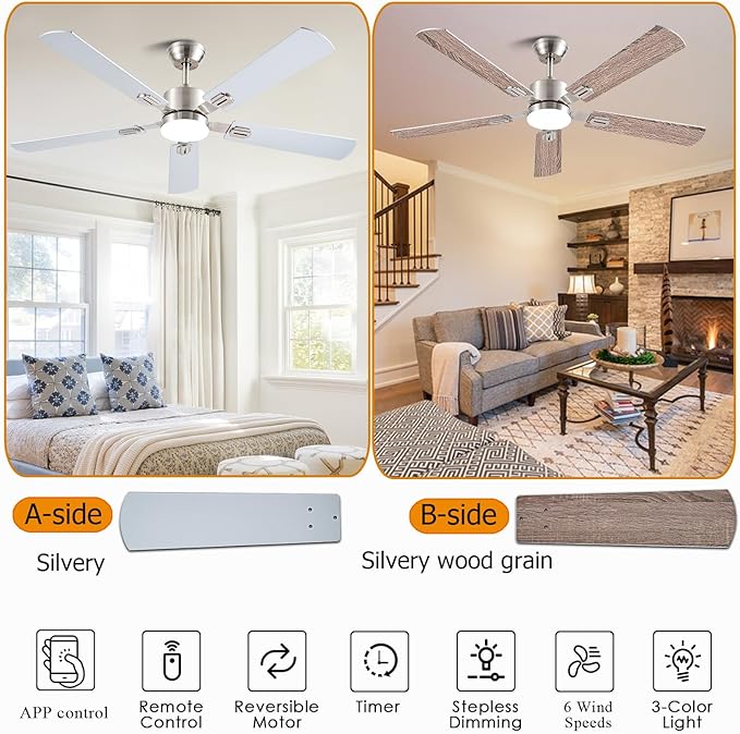 56 inch Ceiling Fans with Lights and Remote/App Control, DC Reversible Motor, Dimmable, Double-Side blades, 6 Speeds Low Profile Modern Ceiling Fan for Livingroom, Indoor/Outdoor（Nickel）