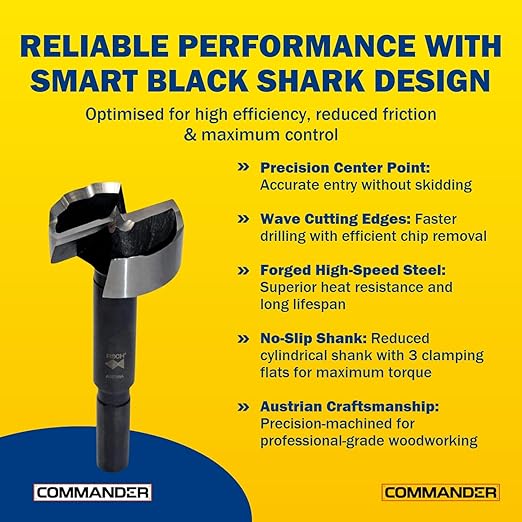 Fisch Black Shark Forged Steel Forstner Drill Bit for Woodworking, Precision Wave Design, Clean Cuts in Hardwoods, MDF, and Plywood, Made in Austria, 16 Pcs. Set Inc.(1/4" to 2-1/8") in a Box