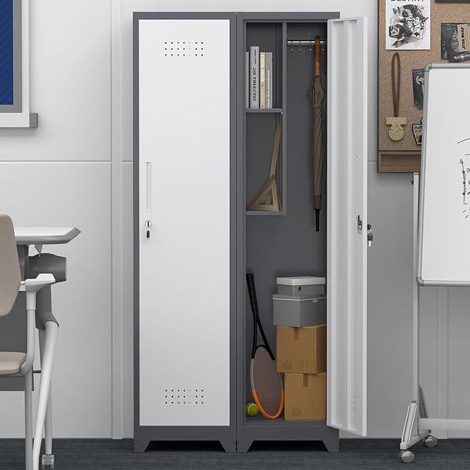 GREATMEET Broom Closet Storage Cabinet, 65'' Slim Metal Single Door Lockable Cleaning Storage Cabinet for Brooms, Mops & Cleaning Supplies, Utility Storage Cabinet for Garage, Laundry Room, White&Grey